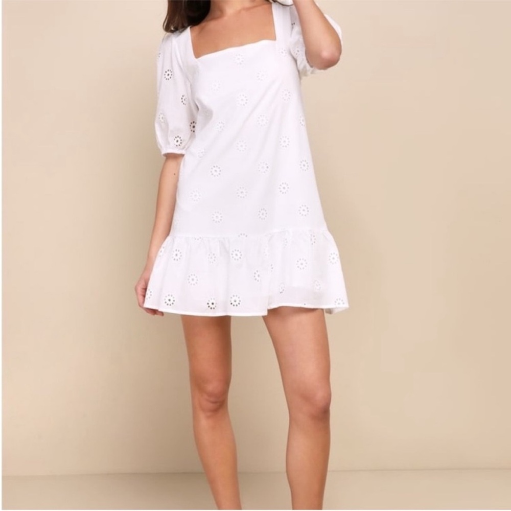 Lulu's Elegant White Eyelet Mini Dress